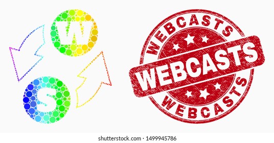 Dotted rainbow gradiented alphabet characters exchange mosaic pictogram and Webcasts watermark. Red vector rounded textured seal stamp with Webcasts caption. Vector combination in flat style.