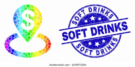 Dotted rainbow gradiented bank location mosaic icon and Soft Drinks seal. Blue vector round distress stamp with Soft Drinks text. Vector combination in flat style.