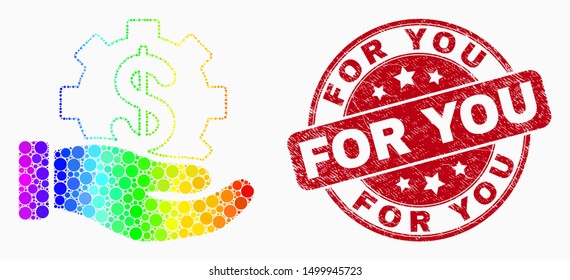 Dotted rainbow gradiented bank service hand mosaic icon and For You seal stamp. Red vector rounded distress seal stamp with For You message. Vector collage in flat style.