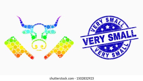 Dotted rainbow gradiented butchery knives mosaic icon and Very Small seal stamp. Blue vector rounded distress seal stamp with Very Small text. Vector composition in flat style.