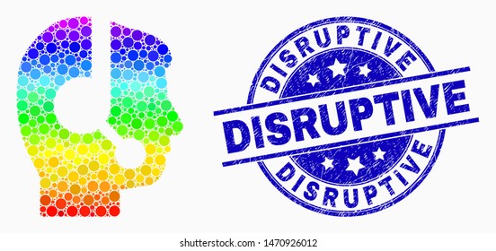 Dotted rainbow gradiented call center operator mosaic icon and Disruptive seal stamp. Blue vector round distress seal stamp with Disruptive text. Vector combination in flat style.