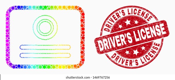 Dotted rainbow gradiented certificate mosaic icon and "Driver's License" seal stamp. Red vector round grunge seal with "Driver's License" message. Vector combination in flat style.