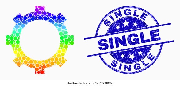 Dotted rainbow gradiented cog mosaic icon and Single seal stamp. Blue vector round scratched seal with Single text. Vector composition in flat style.