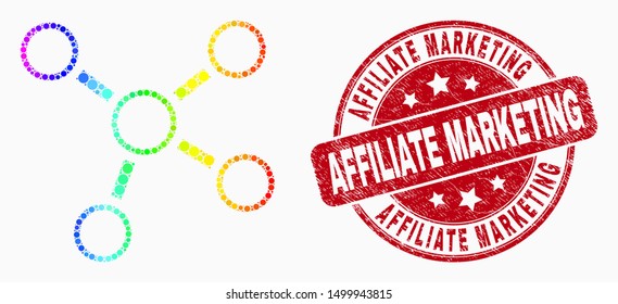 Dotted rainbow gradiented connections mosaic pictogram and Affiliate Marketing seal. Red vector rounded distress seal with Affiliate Marketing phrase. Vector collage in flat style.