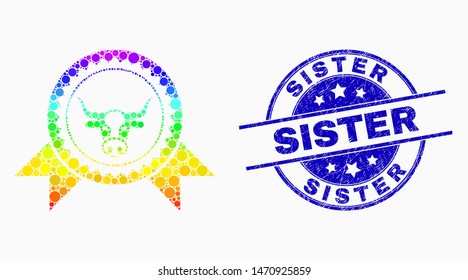 Dotted rainbow gradiented cow seal stamp ribbons mosaic icon and Sister seal stamp. Blue vector round distress stamp with Sister text. Vector combination in flat style.