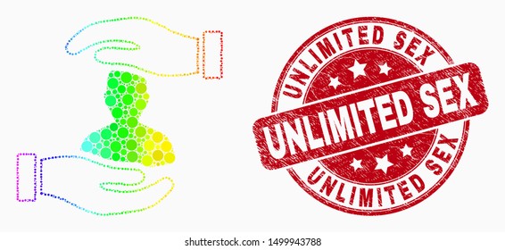 Dotted rainbow gradiented customer care hands mosaic pictogram and Unlimited Sex seal stamp. Red vector rounded scratched seal stamp with Unlimited Sex caption. Vector collage in flat style.