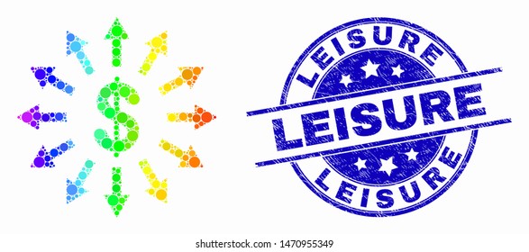 Dotted rainbow gradiented dollar emission mosaic icon and Leisure watermark. Blue vector round grunge seal stamp with Leisure phrase. Vector combination in flat style.