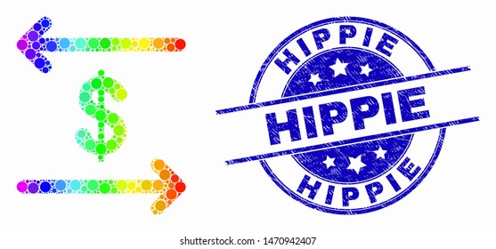 Dotted rainbow gradiented dollar exchange arrows mosaic pictogram and Hippie seal stamp. Blue vector round textured seal stamp with Hippie phrase. Vector collage in flat style.