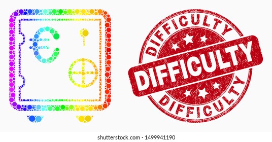 Dotted rainbow gradiented euro banking safe mosaic icon and Difficulty seal. Red vector round scratched seal stamp with Difficulty title. Vector composition in flat style.