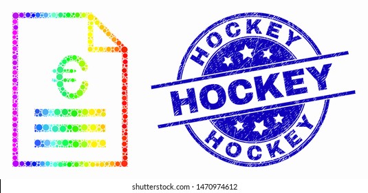Dotted rainbow gradiented euro price page mosaic icon and Hockey seal stamp. Blue vector round grunge seal with Hockey text. Vector collage in flat style.