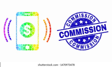 Dotted rainbow gradiented financial smartphone vibration mosaic pictogram and Commission seal. Blue vector round textured seal stamp with Commission caption. Vector combination in flat style.