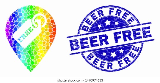 Dotted rainbow gradiented free tag marker mosaic icon and Beer Free stamp. Blue vector rounded distress seal with Beer Free text. Vector collage in flat style.