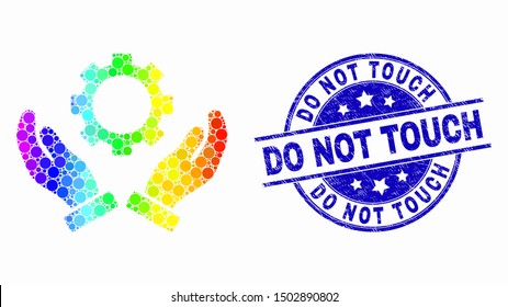 Dotted rainbow gradiented gear care hands mosaic icon and Do Not Touch seal. Blue vector round distress seal with Do Not Touch text. Vector composition in flat style.