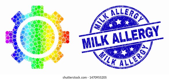 Dotted rainbow gradiented gear mosaic icon and Milk Allergy seal. Blue vector round scratched seal stamp with Milk Allergy text. Vector composition in flat style.