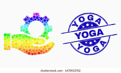 Dotted rainbow gradiented gear service hand mosaic pictogram and Yoga seal stamp. Blue vector rounded scratched seal with Yoga caption. Vector composition in flat style.