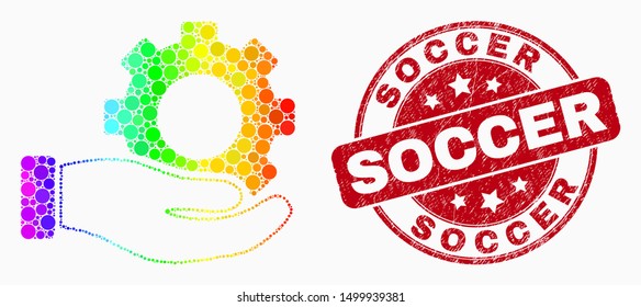 Dotted rainbow gradiented gear service hand mosaic icon and Soccer seal. Red vector rounded scratched seal with Soccer caption. Vector combination in flat style.