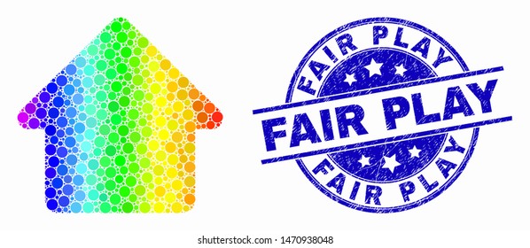 Dotted rainbow gradiented home mosaic pictogram and Fair Play seal stamp. Blue vector rounded grunge seal stamp with Fair Play message. Vector combination in flat style.