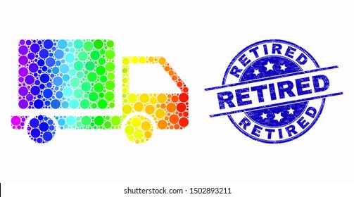 Dotted rainbow gradiented lorry mosaic pictogram and Retired seal. Blue vector rounded textured seal stamp with Retired caption. Vector combination in flat style.