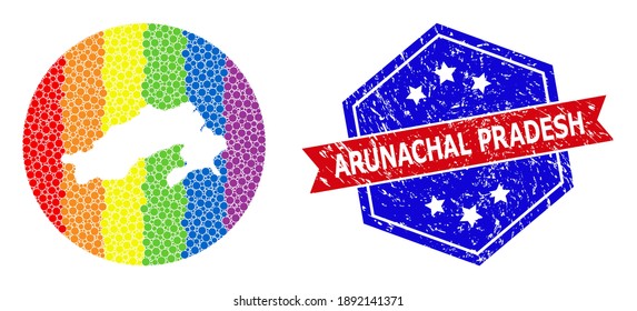 Dotted rainbow gradiented map of Arunachal Pradesh State mosaic designed with circle and hole, and distress watermark. LGBT rainbow colored pixels around empty map of Arunachal Pradesh State.