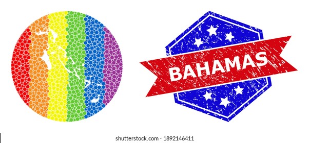 Dotted rainbow gradiented map of Bahamas Islands collage created with circle and stencil, and scratched seal stamp. LGBT rainbow colored dots around empty map of Bahamas Islands.