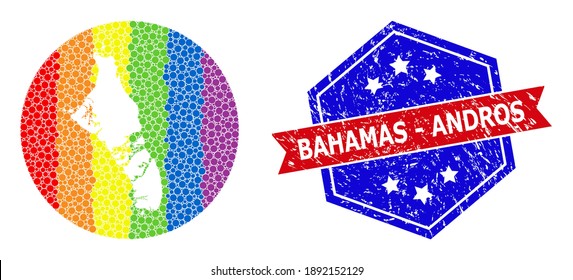 Dotted rainbow gradiented map of Bahamas - Andros Island mosaic created with circle and subtracted space, and textured seal stamp.