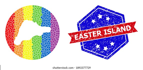 Dotted rainbow gradiented map of Easter Island collage created with circle and hole, and distress seal stamp. LGBTQ rainbow colored pixels around empty map of Easter Island.