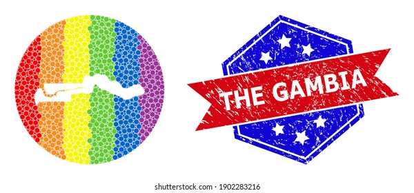 Mapa degradado de arcoiris punteado del mosaico de Gambia formado con forma de círculo y tallado, y placa texturada. Píxeles de color arcoiris LGBT alrededor del mapa vacío de Gambia.