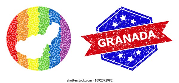 Dotted rainbow gradiented map of Granada Province collage formed with circle and cut out shape, and textured stamp. LGBTQ rainbow colored pixels around empty map of Granada Province.