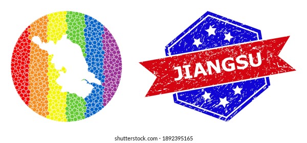 Mapa degradado de arcoiris punteado del mosaico de la provincia de Jiangsu diseñado con forma circular y cortada, y sello de angustia. Los puntos de color del espectro LGBTQ alrededor del mapa vacío de la provincia de Jiangsu.