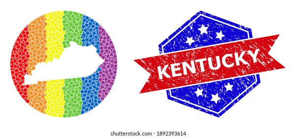 Dotted rainbow gradiented map of Kentucky State collage created with circle and stencil, and distress watermark. LGBT rainbow colored pixels around empty map of Kentucky State.