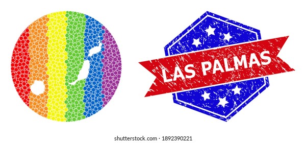 Dotted rainbow gradiented map of Las Palmas Province collage designed with circle and hole, and grunge seal stamp. LGBTQ rainbow colored dots around empty map of Las Palmas Province.