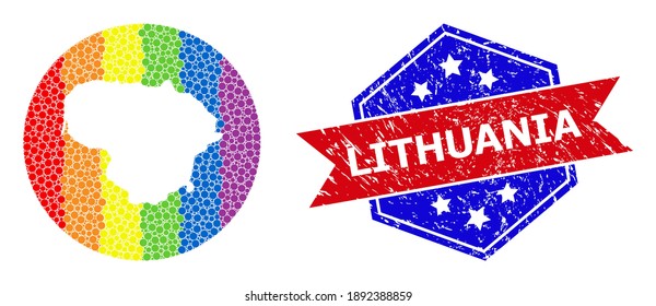 Dotted rainbow gradiented map of Lithuania collage designed with circle and carved shape, and grunge watermark. LGBTQ rainbow colored pixels around empty map of Lithuania.