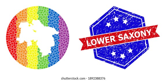Dotted rainbow gradiented map of Lower Saxony State mosaic created with circle and subtracted shape, and grunge watermark. LGBTQ rainbow colored dots around empty map of Lower Saxony State.