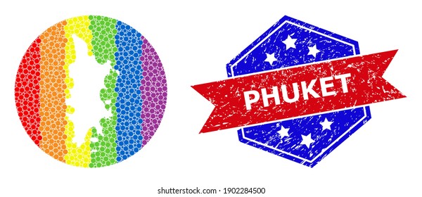 Dotted rainbow gradiented map of Phuket mosaic designed with circle and stencil, and distress seal stamp. LGBTQ rainbow colored dots around empty map of Phuket.