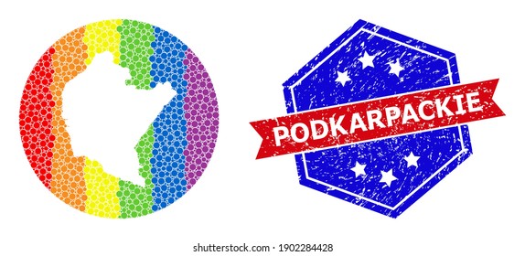 Dotted rainbow gradiented map of Podkarpackie Province collage designed with circle and subtracted space, and grunge seal stamp. LGBTQ spectrum colored dots around empty map of Podkarpackie Province.