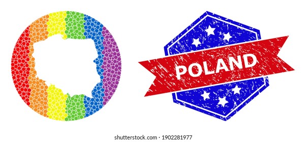 Dotted rainbow gradiented map of Poland mosaic created with circle and cut out shape, and textured watermark. LGBT rainbow colored dots around empty map of Poland.