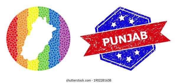 Mapa con gradiente de arco iris punteado del mosaico de la provincia de Punjab creado con círculo y agujero, y sello de sellado de socorro. Píxeles de color del espectro LGBT alrededor del mapa vacío de la provincia de Punjab.