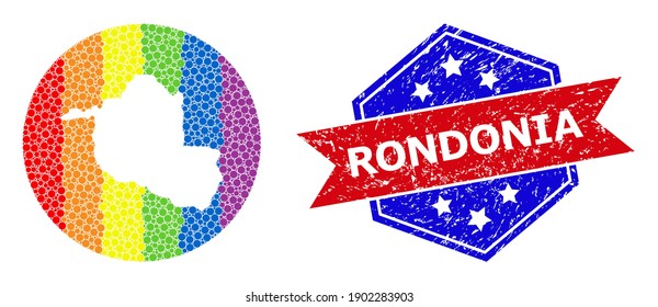 Dotted rainbow gradiented map of Rondonia State collage designed with circle and carved shape, and grunge seal stamp. LGBTQ rainbow colored pixels around empty map of Rondonia State.