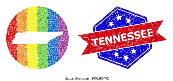 Dotted rainbow gradiented map of Tennessee State collage designed with circle and subtracted shape, and grunge seal stamp. LGBT rainbow colored pixels around empty map of Tennessee State.