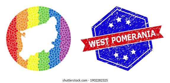 Dotted rainbow gradiented map of West Pomerania Province mosaic formed with circle and subtracted shape, and scratched seal. LGBT rainbow colored dots around empty map of West Pomerania Province.