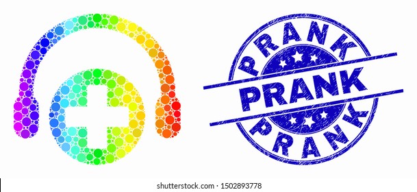 Dotted rainbow gradiented medical assistance headphones mosaic icon and Prank seal stamp. Blue vector rounded textured seal stamp with Prank text. Vector composition in flat style.