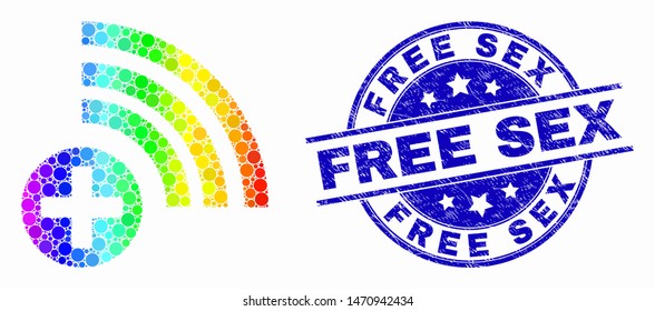 Dotted rainbow gradiented medical source mosaic icon and Free Sex seal. Blue vector round scratched seal stamp with Free Sex caption. Vector combination in flat style.