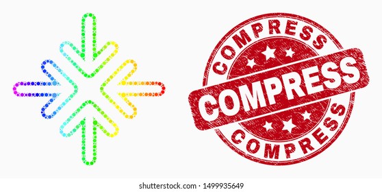 Dotted rainbow gradiented meeting point arrows mosaic icon and Compress seal stamp. Red vector round scratched seal stamp with Compress caption. Vector composition in flat style.