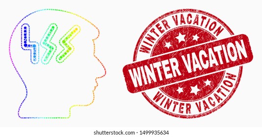 Dotted rainbow gradiented migraine head mosaic icon and Winter Vacation seal stamp. Red vector round distress seal with Winter Vacation title. Vector combination in flat style.