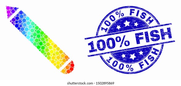 Dotted rainbow gradiented pencil mosaic icon and 100% Fish watermark. Blue vector rounded grunge watermark with 100% Fish caption. Vector combination in flat style.