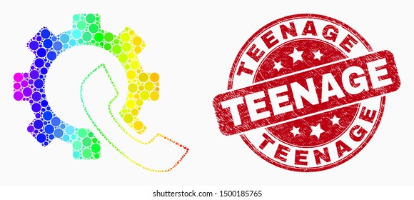Dotted rainbow gradiented phone receiver gear mosaic pictogram and Teenage seal. Red vector rounded scratched seal with Teenage text. Vector combination in flat style.