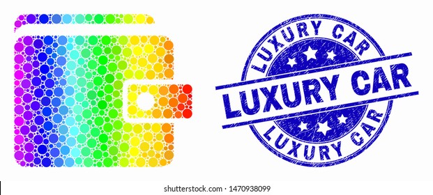 Dotted rainbow gradiented purse mosaic pictogram and Luxury Car stamp. Blue vector round grunge seal stamp with Luxury Car caption. Vector combination in flat style.