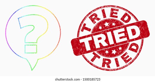 Dotted rainbow gradiented question banner mosaic icon and Tried watermark. Red vector rounded scratched watermark with Tried caption. Vector collage in flat style.