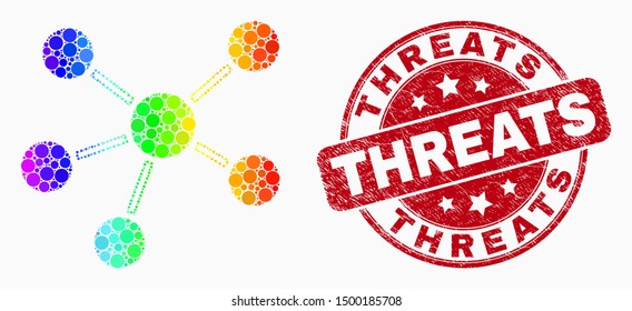 Dotted rainbow gradiented relations mosaic icon and Threats stamp. Red vector rounded scratched watermark with Threats message. Vector combination in flat style.