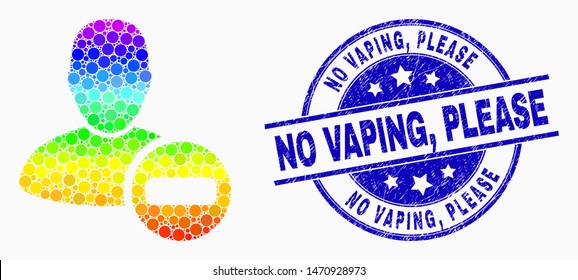 Dotted rainbow gradiented remove user mosaic icon and No Vaping, Please seal stamp. Blue vector round textured seal with No Vaping, Please message. Vector collage in flat style.